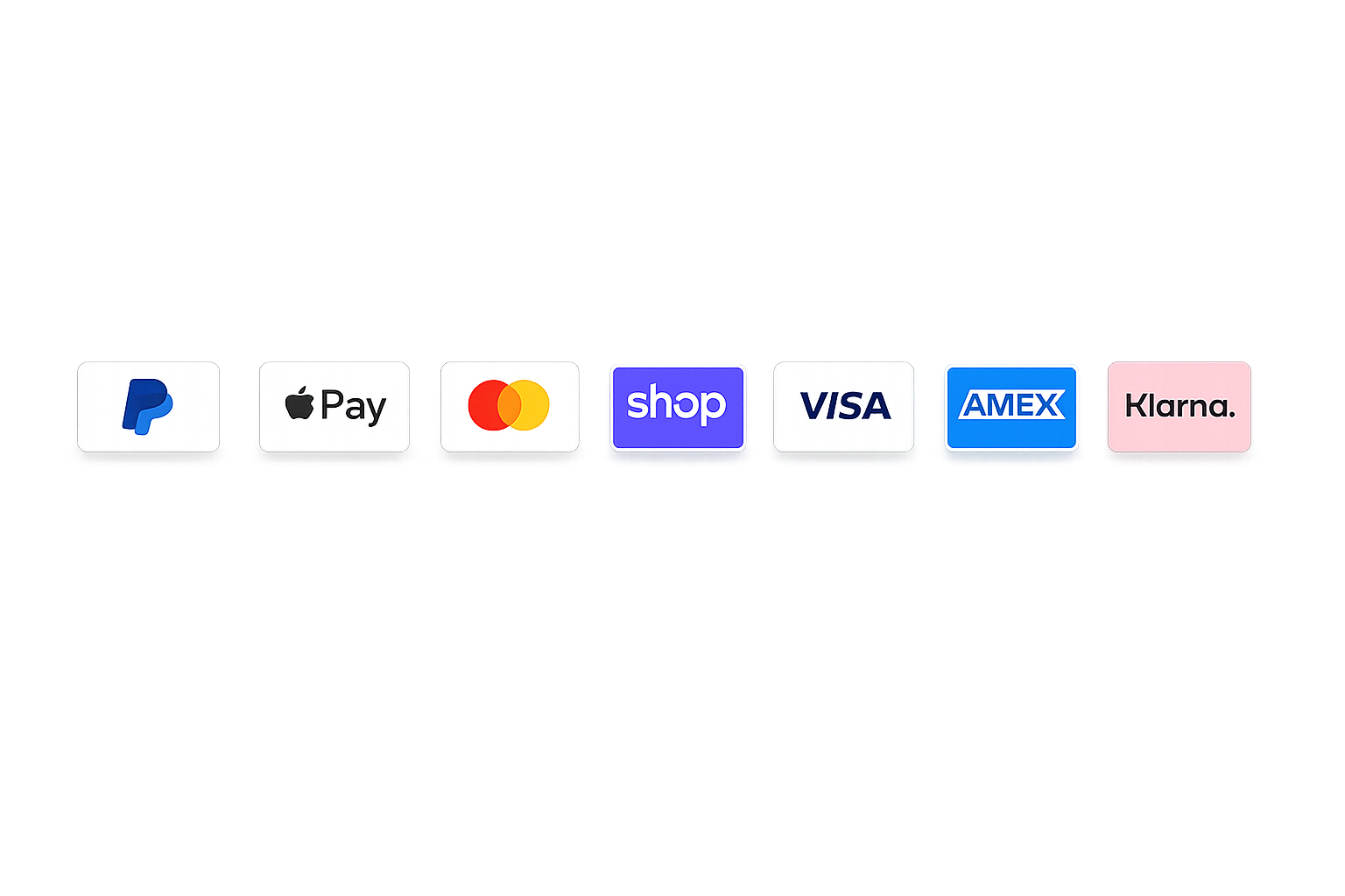 PayPal, Apple Pay, Mastercard, Shop Pay, Visa, American Express e Klarna